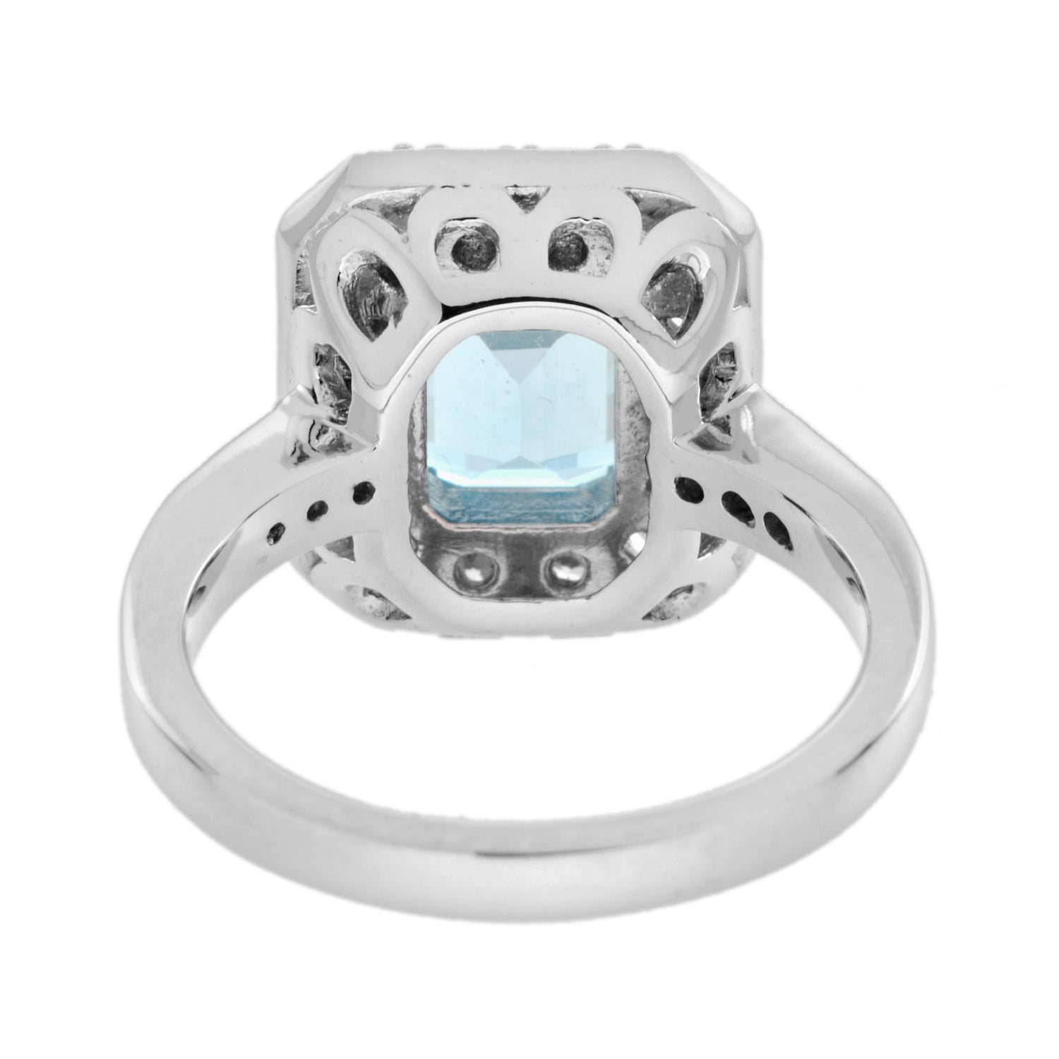Blue Aquamarine &amp; Diamond Halo Art Deco Style Engagement 14K White Gold Ring