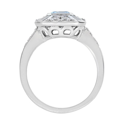 Blue Aquamarine &amp; Diamond Halo Art Deco Style Engagement 14K White Gold Ring