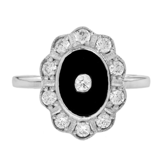Diamond & Black Onyx Vintage Inspired Style Halo 14K White Gold Ring