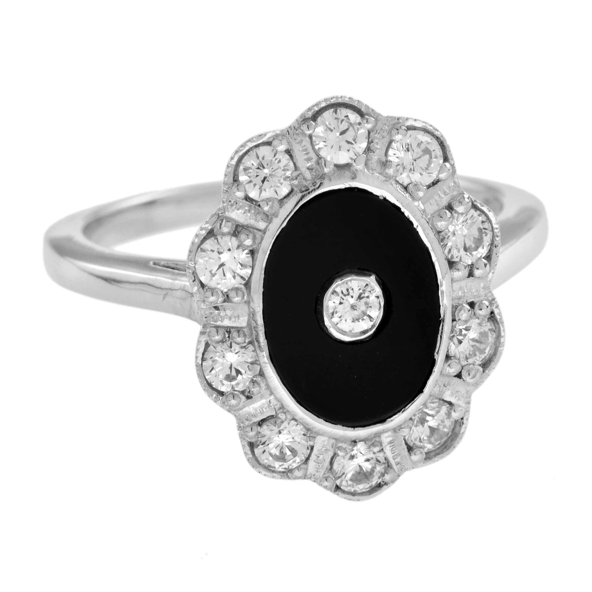 Diamond & Black Onyx Vintage Inspired Style Halo 14K White Gold Ring