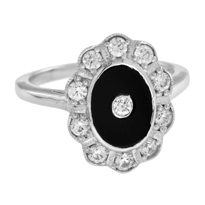 Diamond & Black Onyx Vintage Inspired Style Halo 14K White Gold Ring