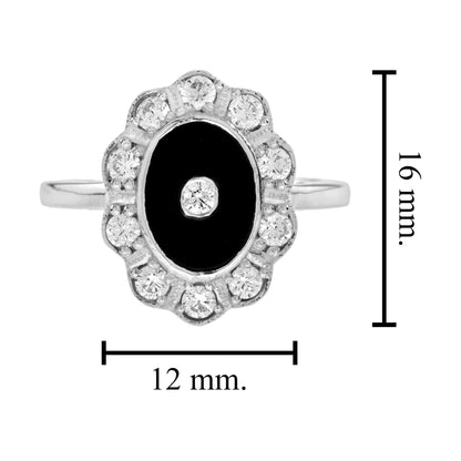 Diamond & Black Onyx Vintage Inspired Style Halo 14K White Gold Ring