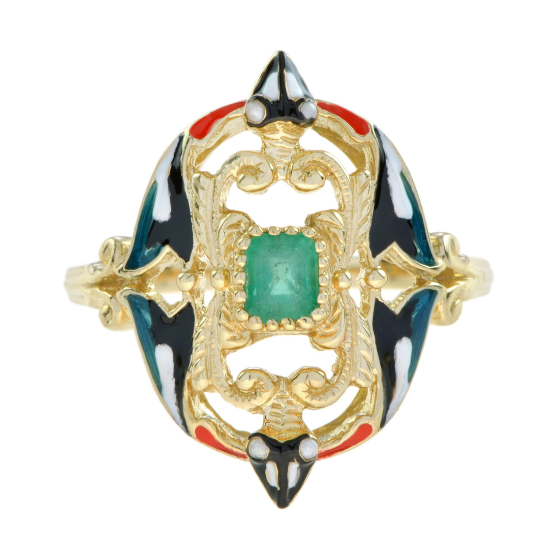 Unique Vintage Style Emerald & Pearl with Enamel Cocktail 14K Yellow Gold Ring