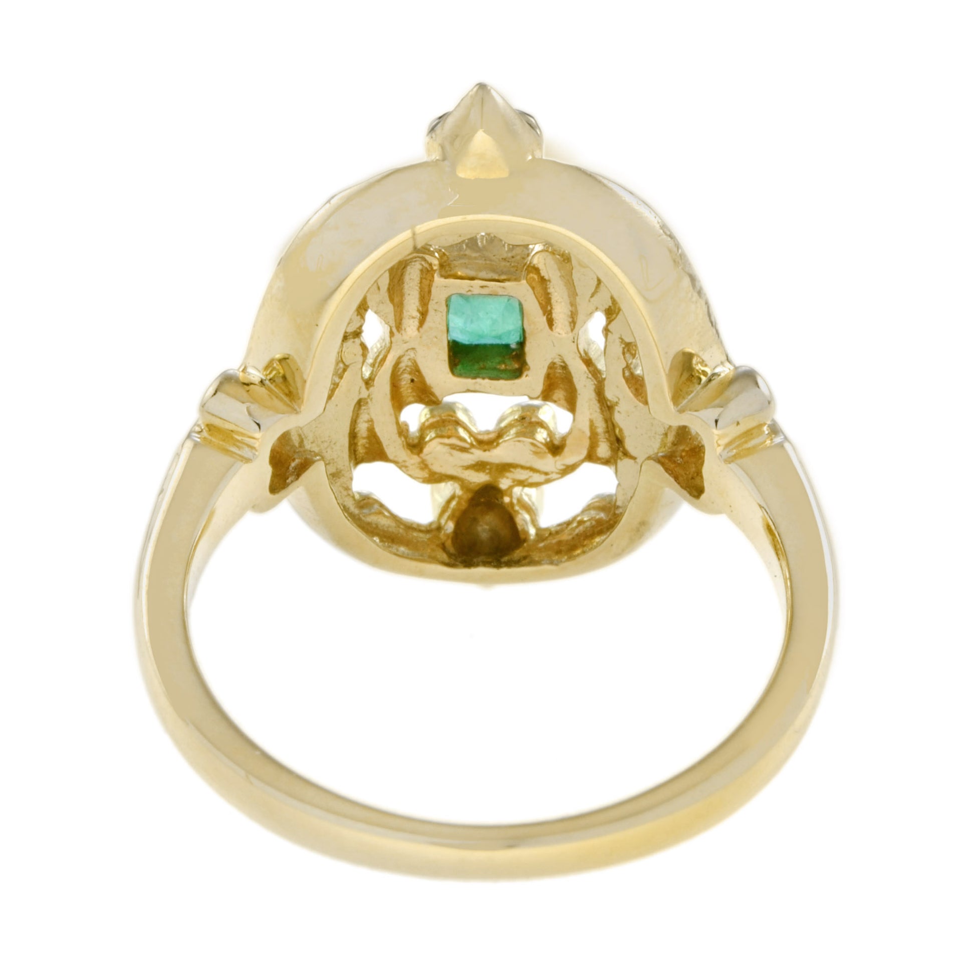 Unique Vintage Style Emerald & Pearl with Enamel Cocktail 14K Yellow Gold Ring