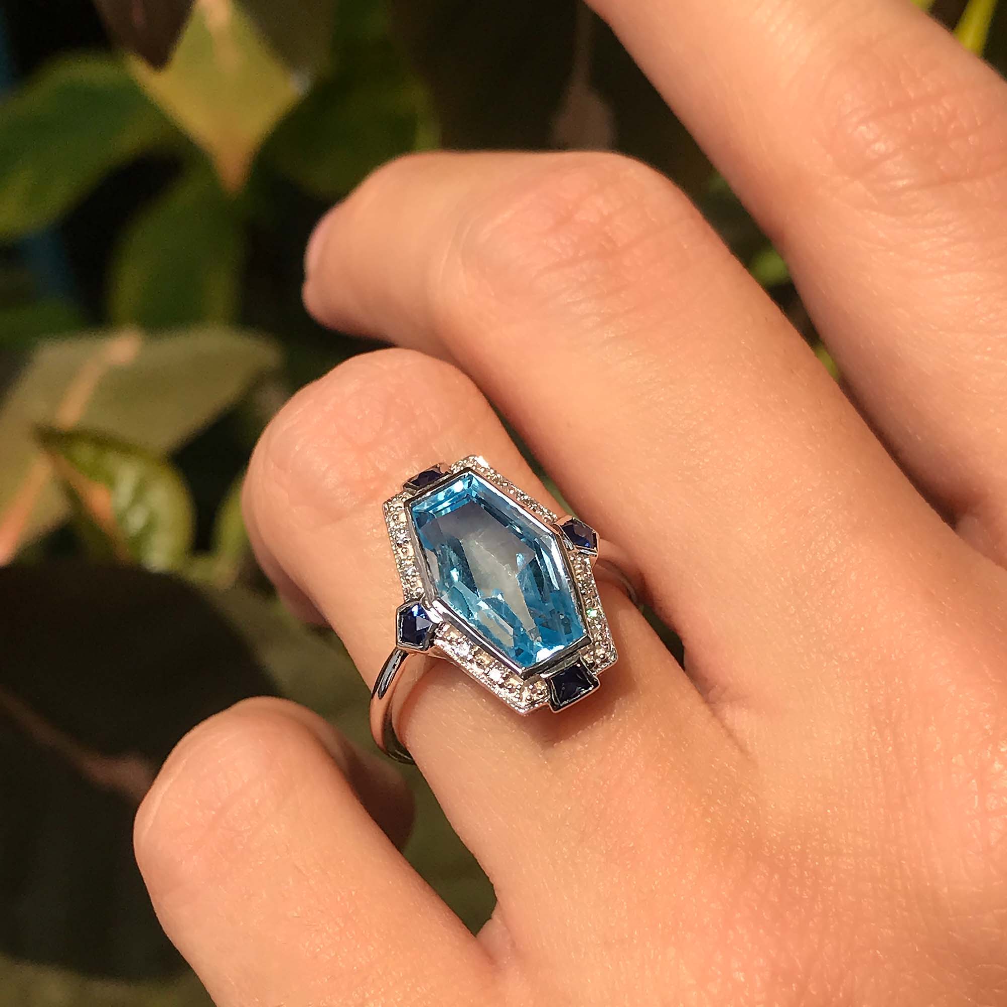 Elongated Hexagon Blue Topaz &amp; Diamond Sapphire Art Deco Style White Gold Ring