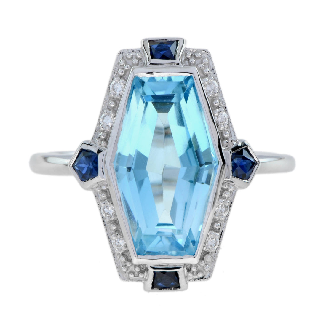 Elongated Hexagon Blue Topaz &amp; Diamond Sapphire Art Deco Style White Gold Ring