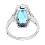 Elongated Hexagon Blue Topaz & Diamond Sapphire Art Deco Style White Gold Ring