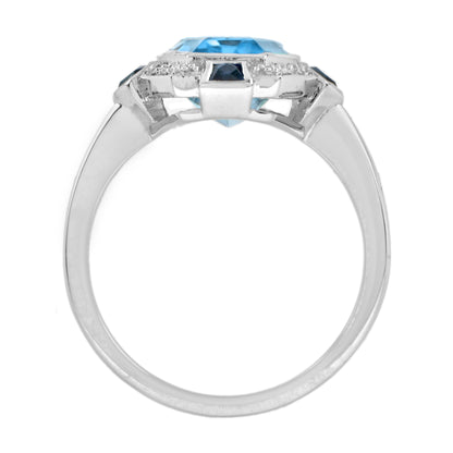 Elongated Hexagon Blue Topaz &amp; Diamond Sapphire Art Deco Style White Gold Ring