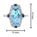 Elongated Hexagon Blue Topaz & Diamond Sapphire Art Deco Style White Gold Ring