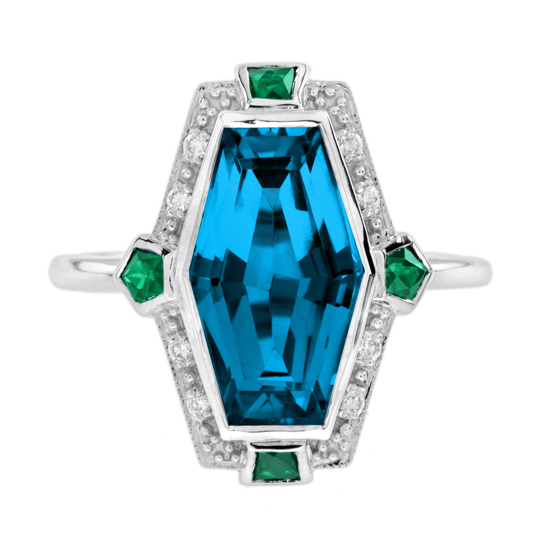 Elongated Hexagon London Blue Topaz & Emerald Diamond Art Deco Style Gold Ring