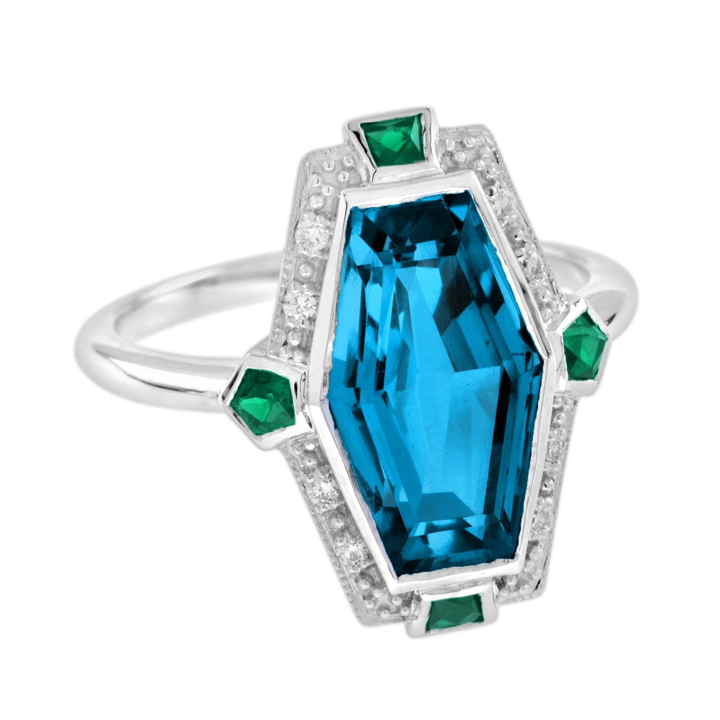 elongated hexagon london blue topaz & emerald diamond art deco style gold ring