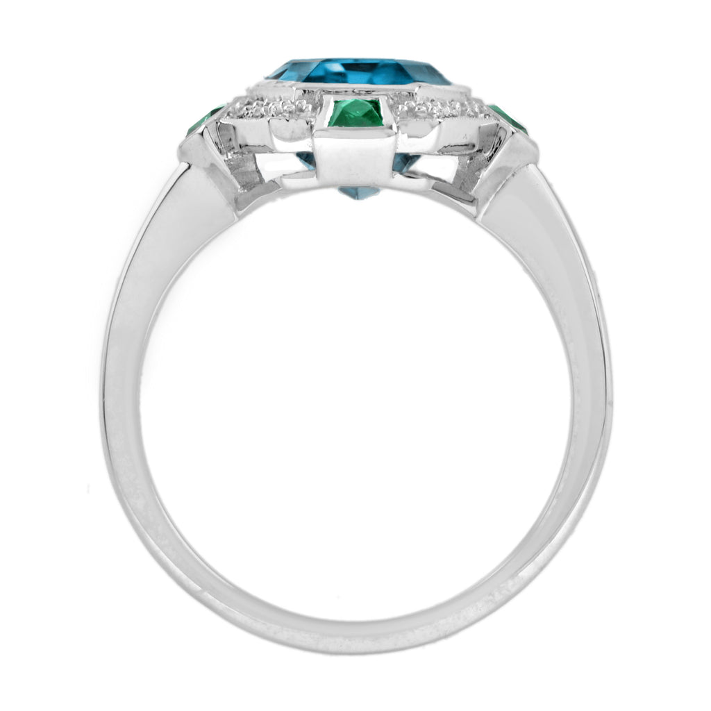 Elongated Hexagon London Blue Topaz & Emerald Diamond Art Deco Style Gold Ring