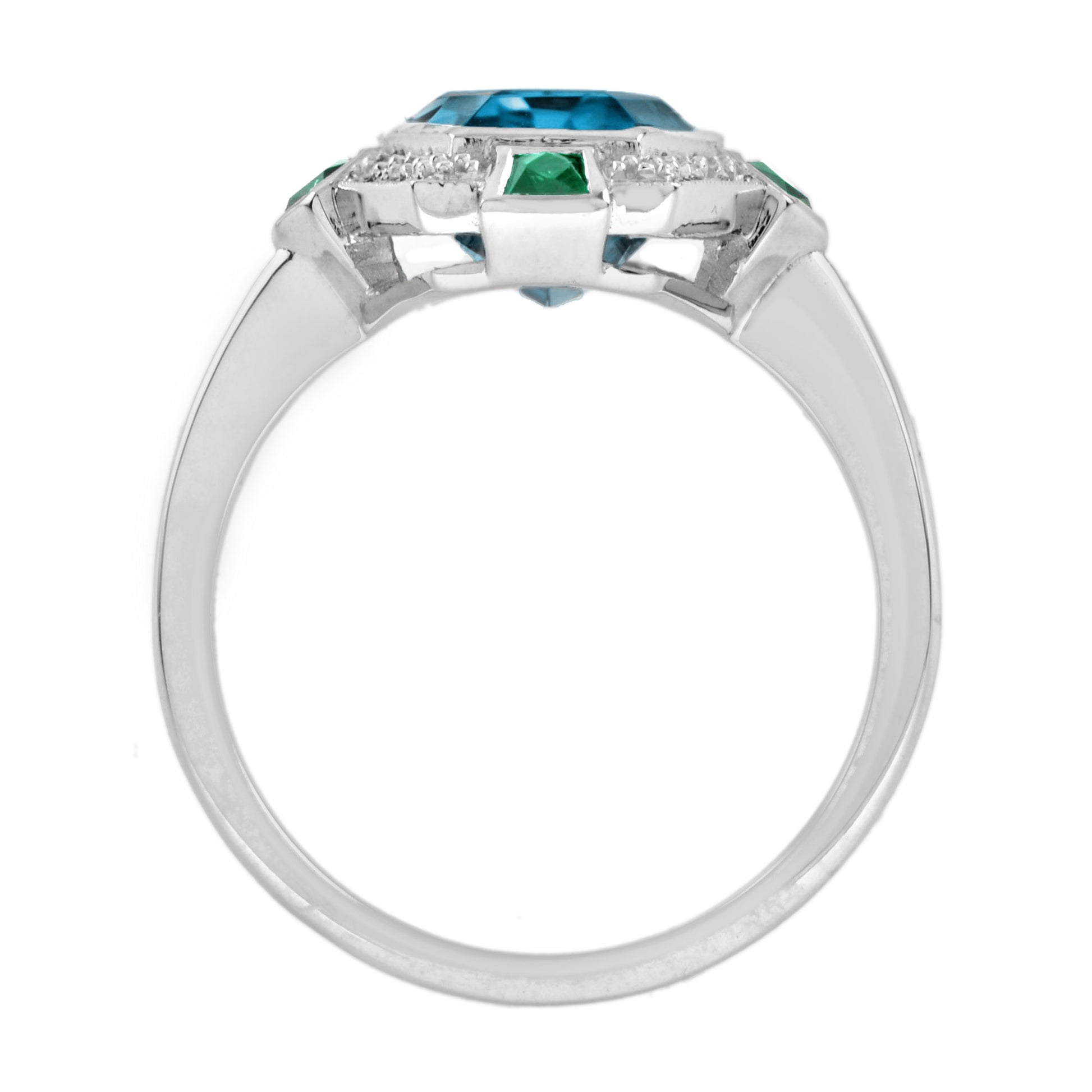 Elongated Hexagon London Blue Topaz & Emerald Diamond Art Deco Style Gold Ring