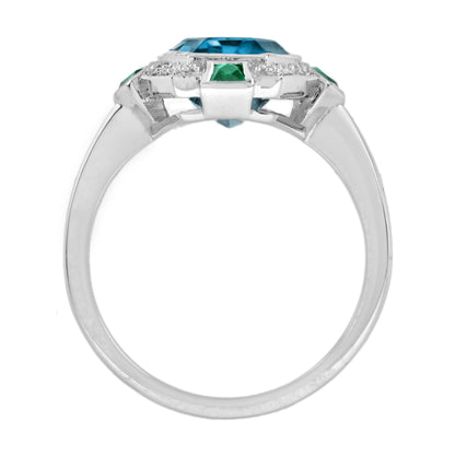 Elongated Hexagon London Blue Topaz & Emerald Diamond Art Deco Style Gold Ring