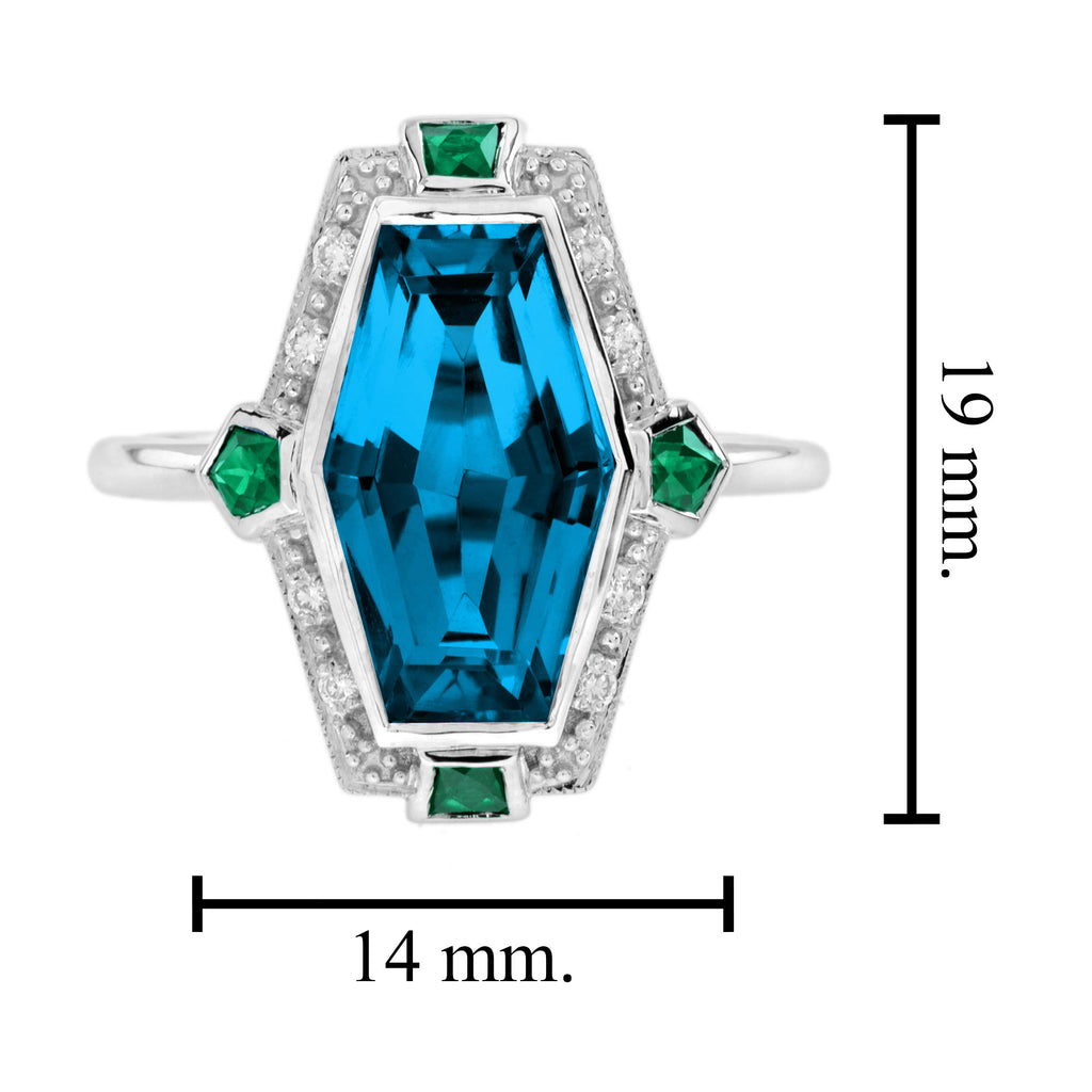 Elongated Hexagon London Blue Topaz & Emerald Diamond Art Deco Style Gold Ring