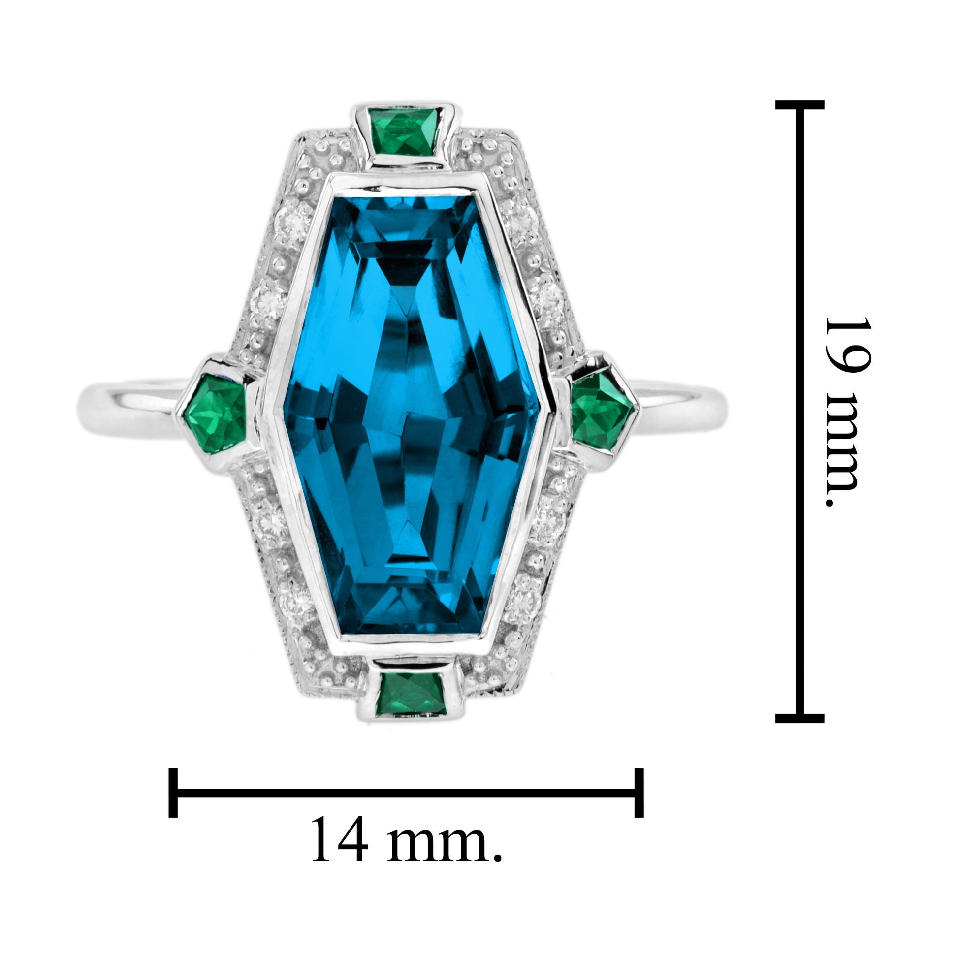 Elongated Hexagon London Blue Topaz & Emerald Diamond Art Deco Style Gold Ring