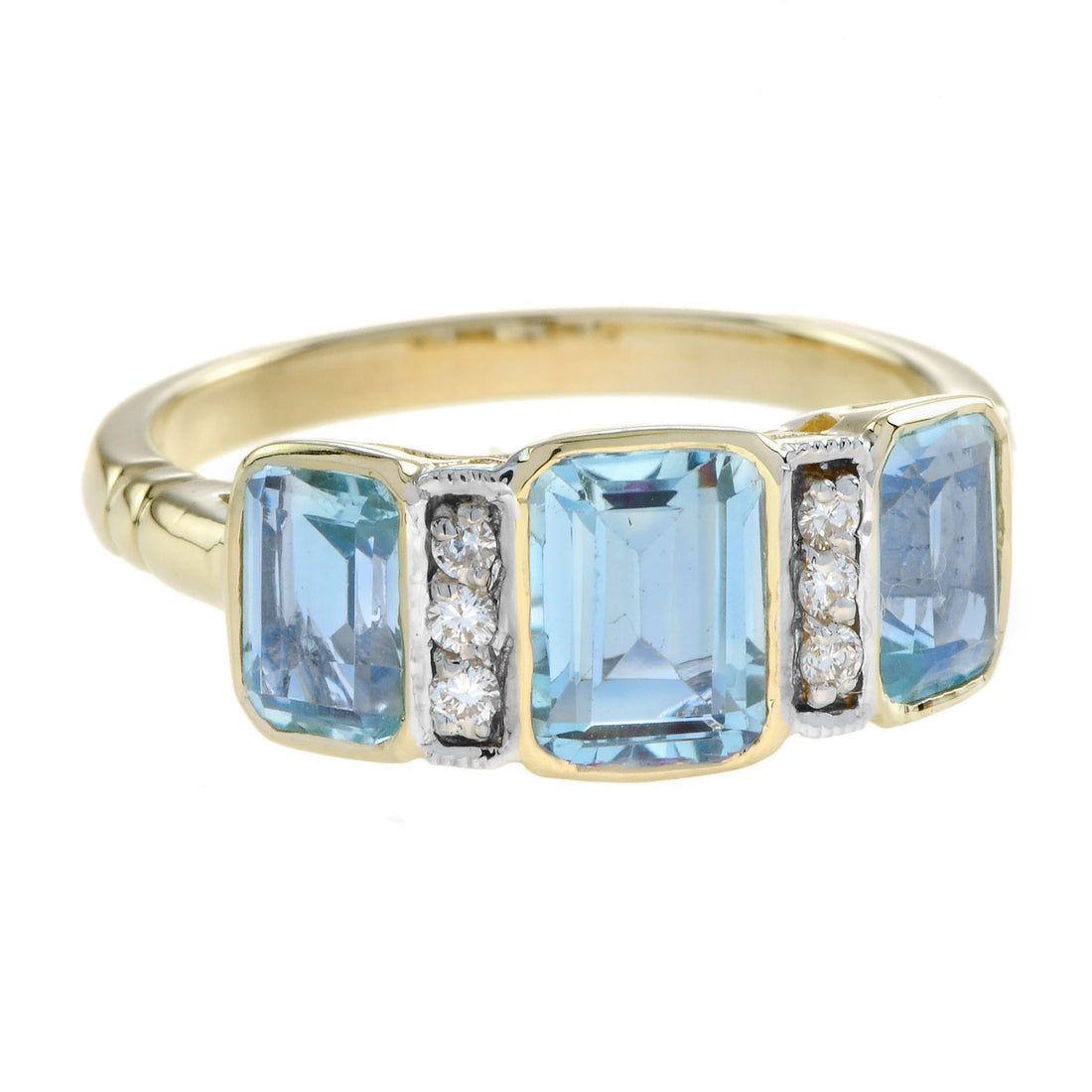 Blue Topaz & Diamond Art Deco Style Three Stone 14K Yellow Gold Ring