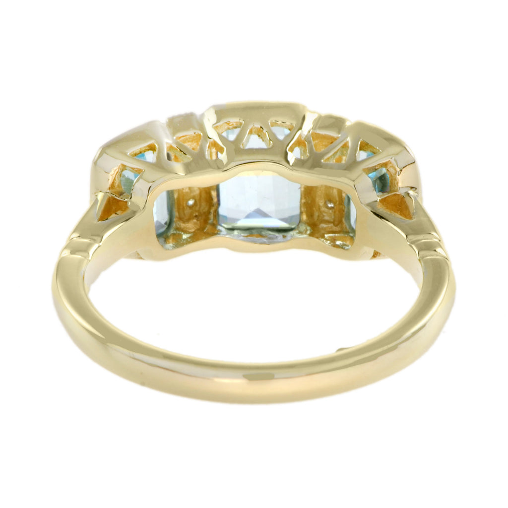 Blue Topaz & Diamond Art Deco Style Three Stone 14K Yellow Gold Ring