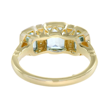 Blue Topaz &amp; Diamond Art Deco Style Three Stone 14K Yellow Gold Ring