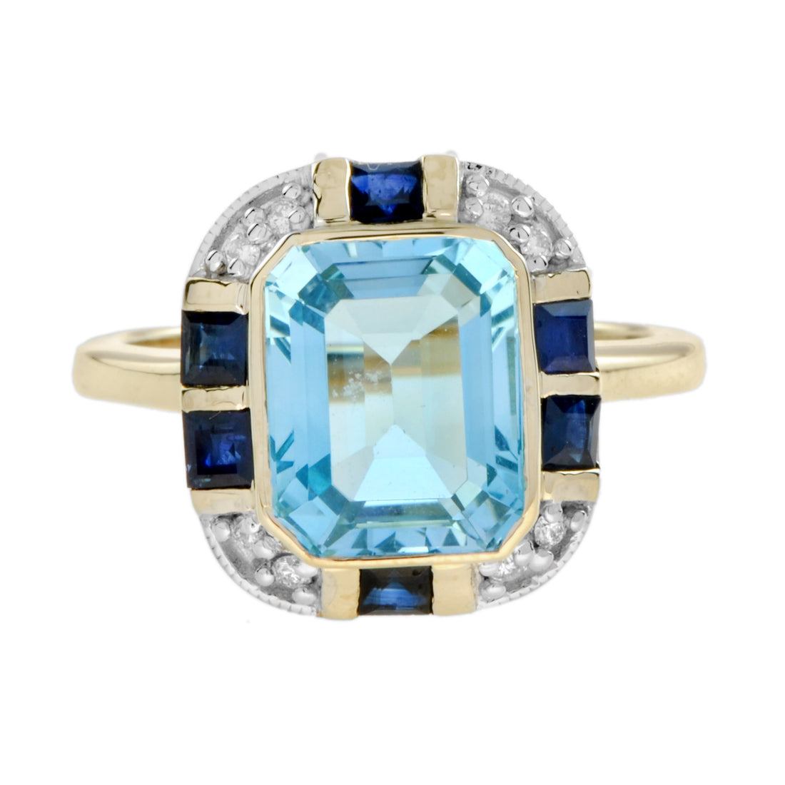 Art Deco Style Light Blue Topaz Sapphire & Diamond Yellow Gold Shield Ring