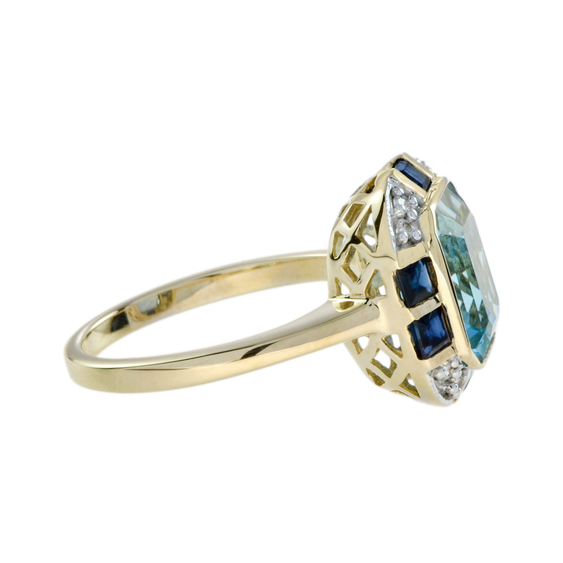Art Deco Style Light Blue Topaz Sapphire & Diamond Yellow Gold Shield Ring