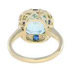 Art Deco Style Light Blue Topaz Sapphire & Diamond Yellow Gold Shield Ring