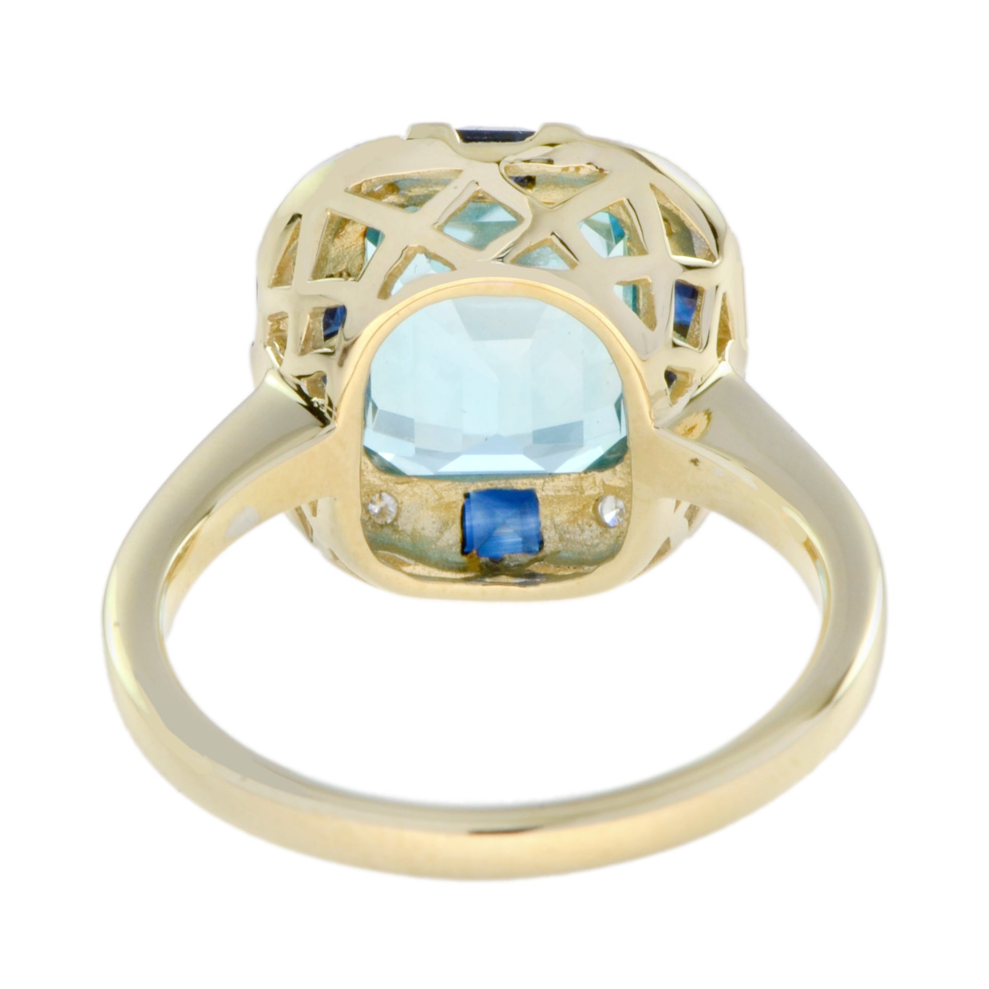 Art Deco Style Light Blue Topaz Sapphire & Diamond Yellow Gold Shield Ring