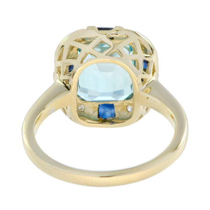 Art Deco Style Light Blue Topaz Sapphire & Diamond Yellow Gold Shield Ring
