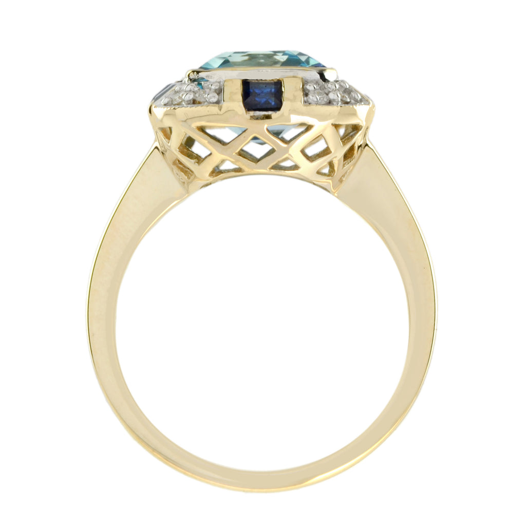 Art Deco Style Light Blue Topaz Sapphire & Diamond Yellow Gold Shield Ring