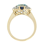 Art Deco Style Light Blue Topaz Sapphire & Diamond Yellow Gold Shield Ring