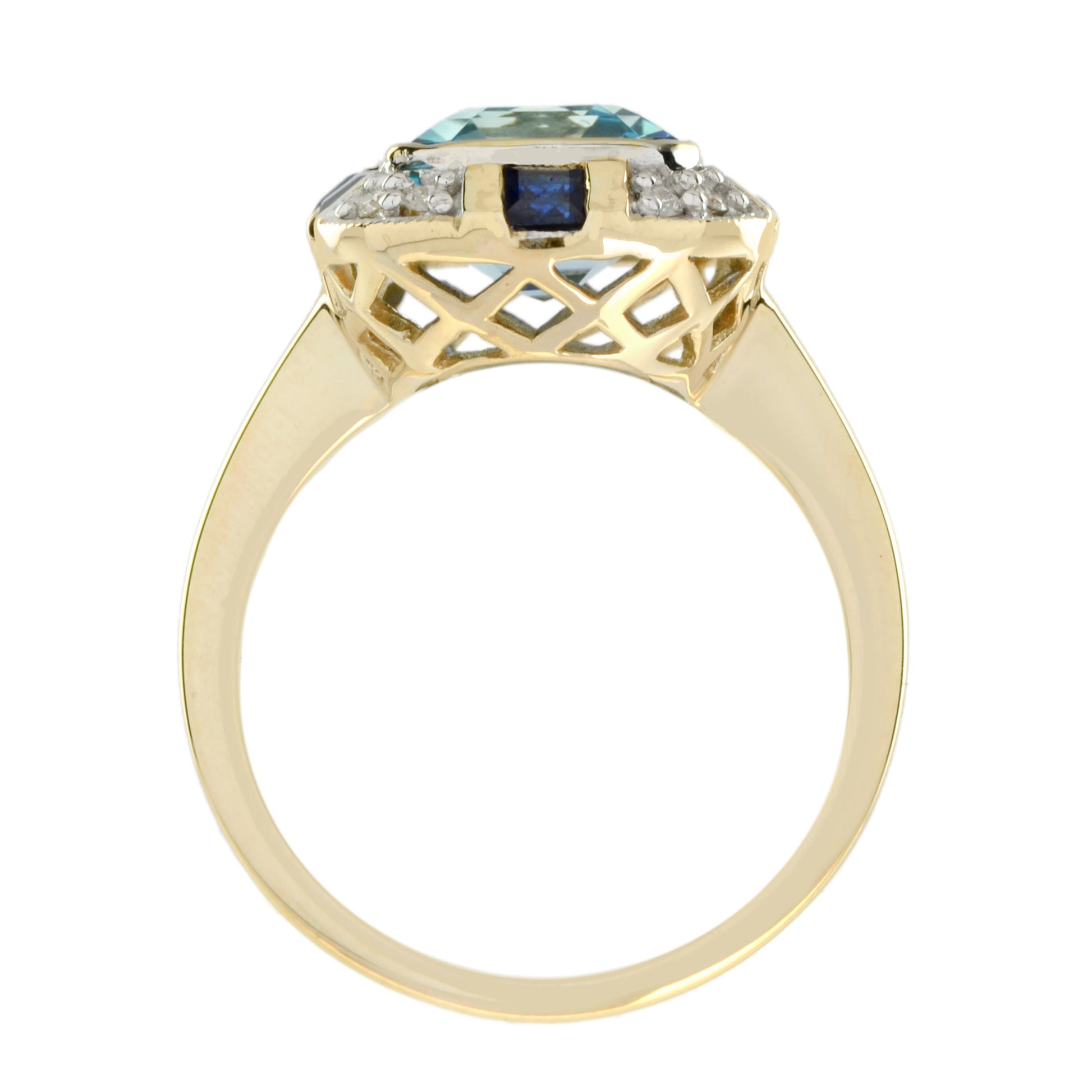 Art Deco Style Light Blue Topaz Sapphire & Diamond Yellow Gold Shield Ring