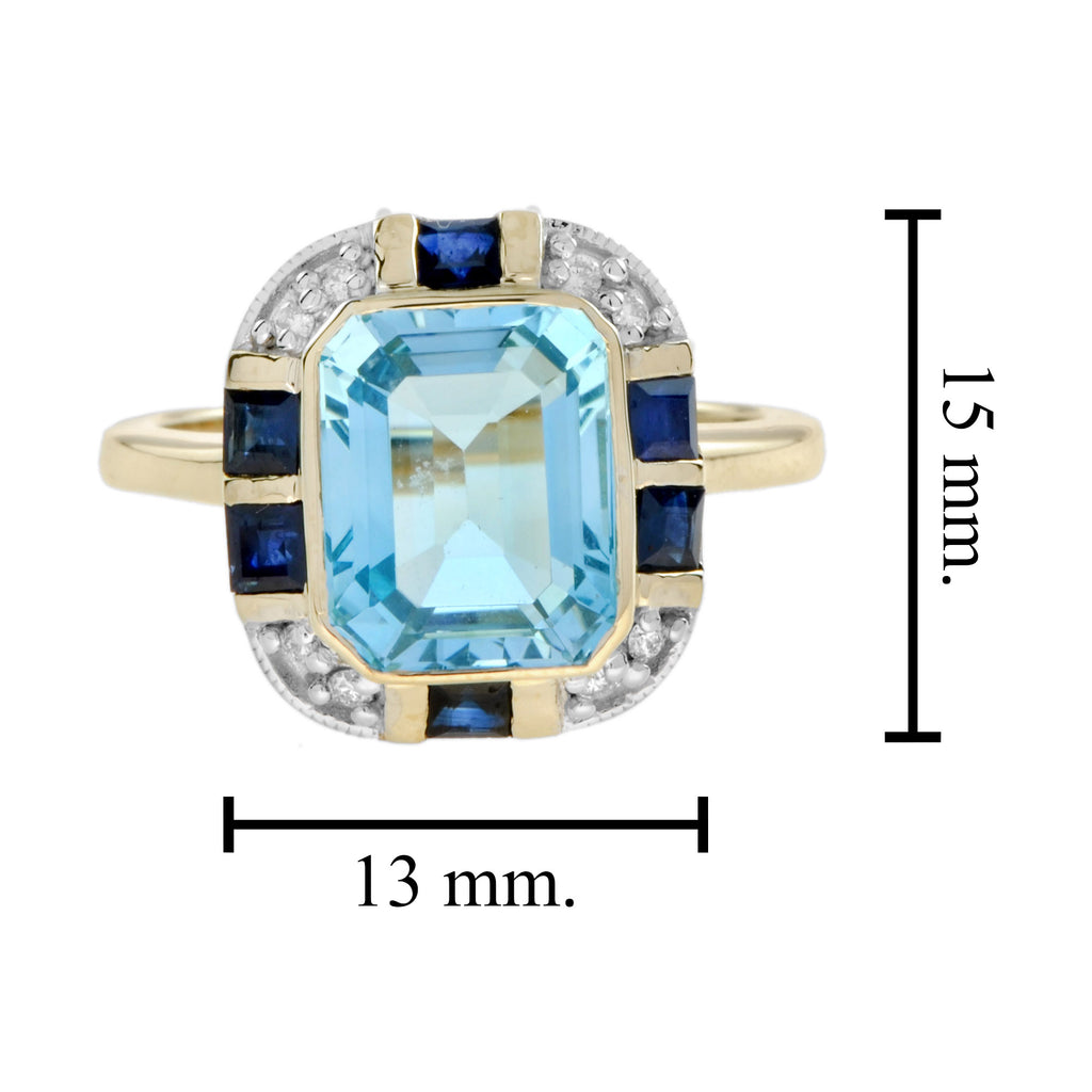 Art Deco Style Light Blue Topaz Sapphire & Diamond Yellow Gold Shield Ring
