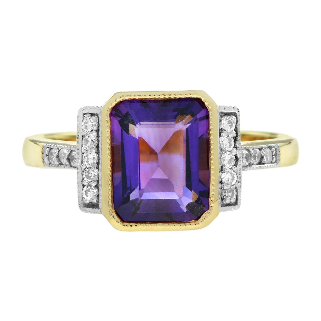 Emerald Cut Purple Violet Amethyst & Diamond Shoulder 14K White Yellow Gold Ring