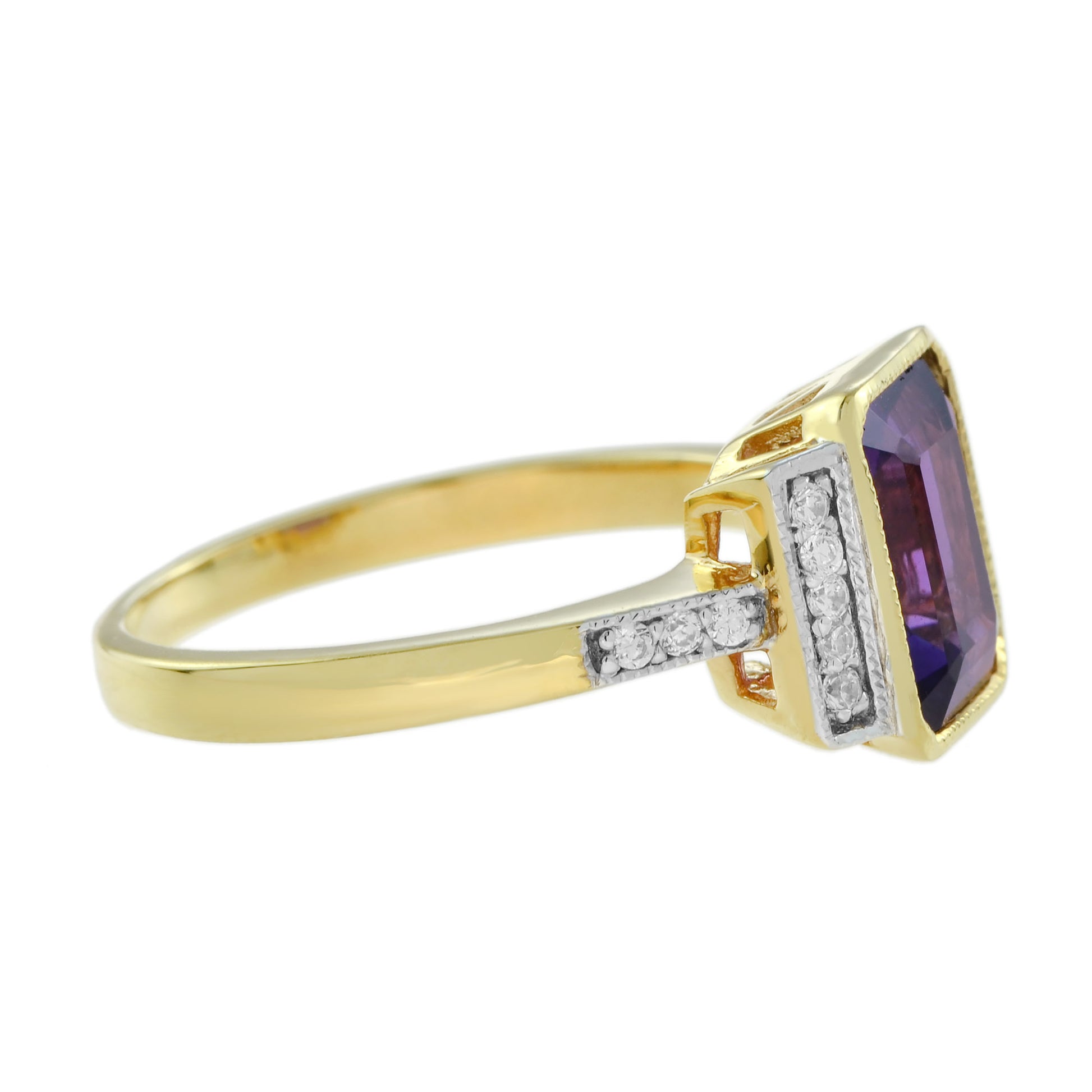 Emerald Cut Purple Violet Amethyst & Diamond Shoulder 14K White Yellow Gold Ring