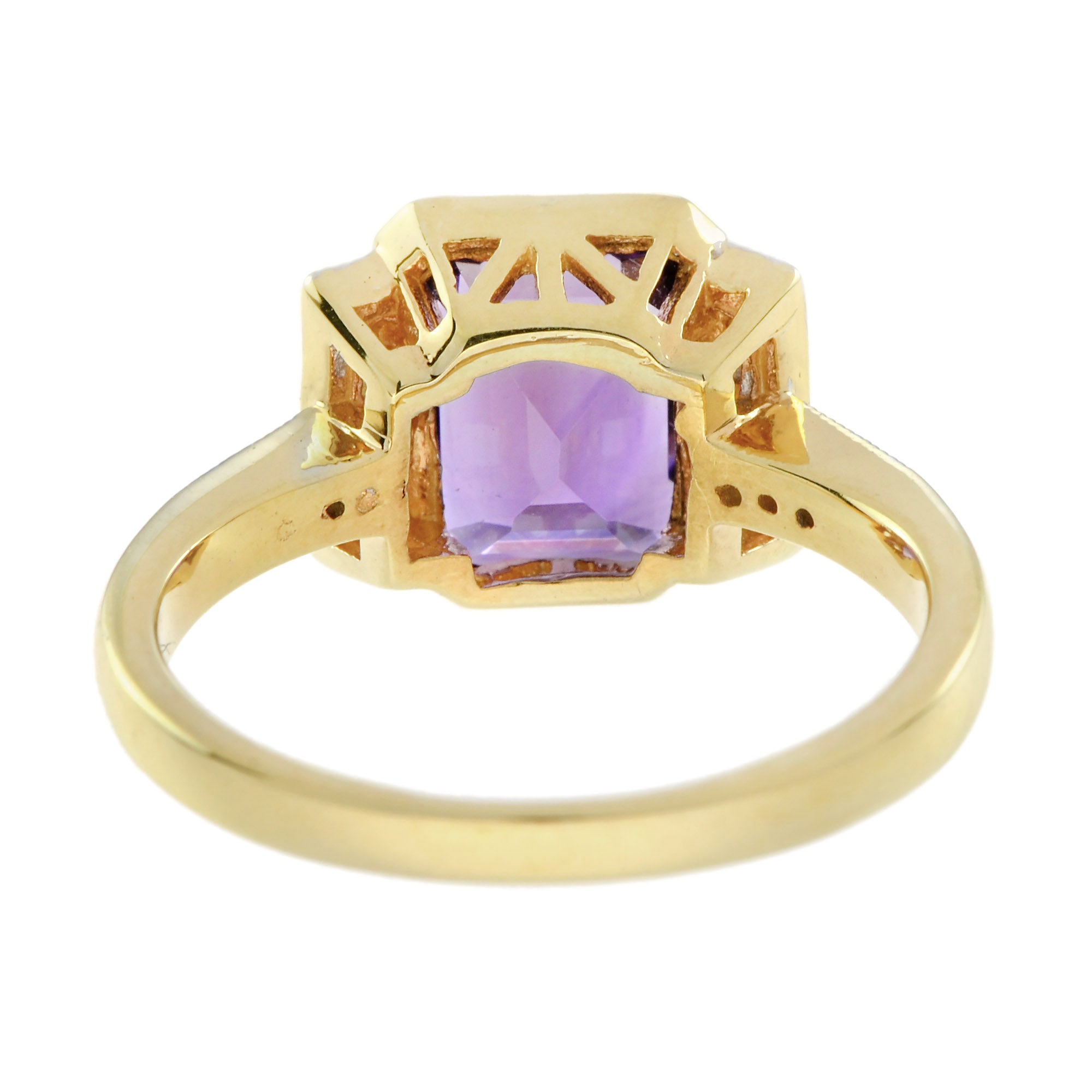 Emerald Cut Purple Violet Amethyst &amp; Diamond Shoulder 14K White Yellow Gold Ring