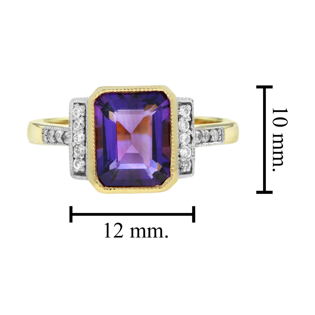 Emerald Cut Purple Violet Amethyst & Diamond Shoulder 14K White Yellow Gold Ring