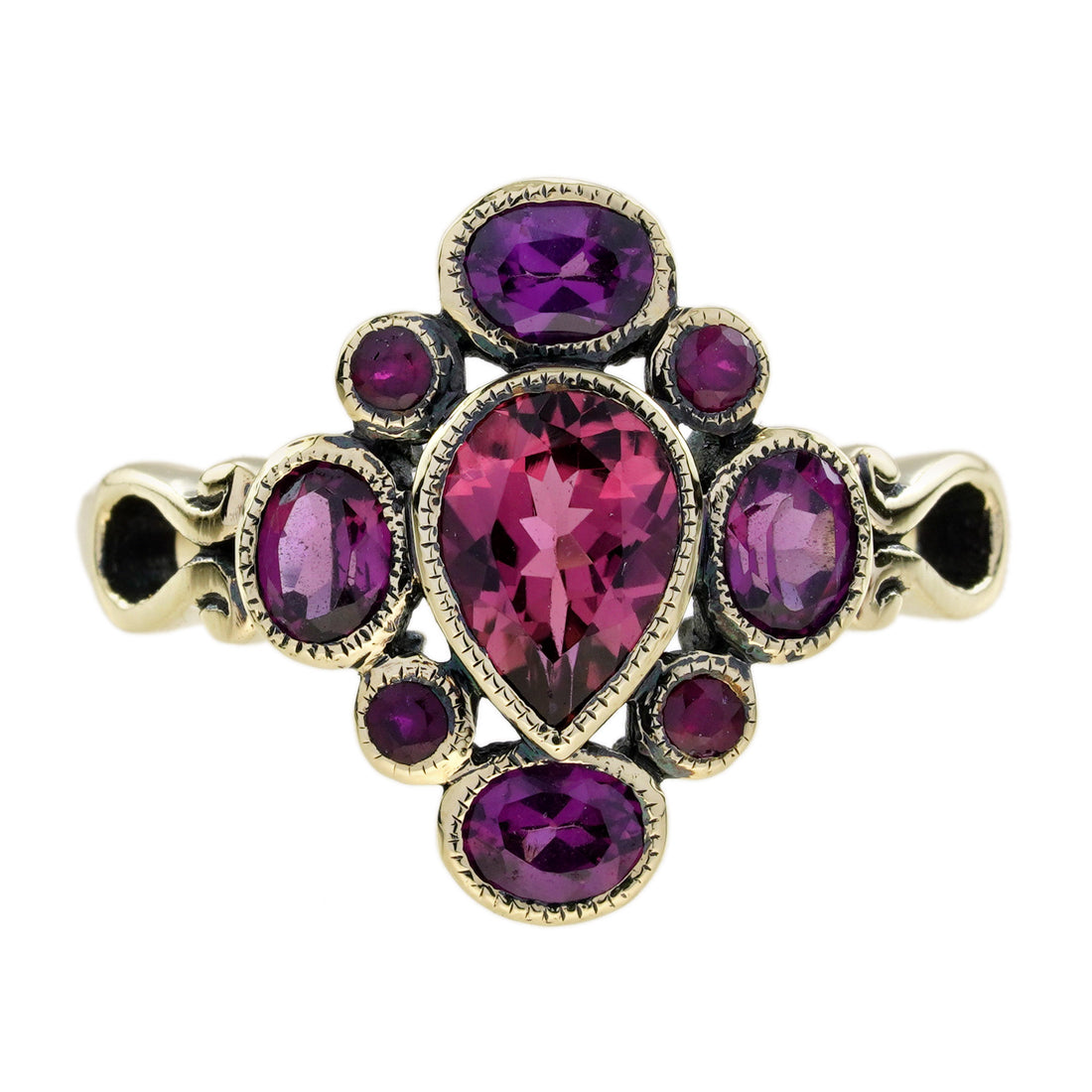 Vintage Style Pear Shape Pink Tourmaline & Ruby Rhodolite Cluster 9K Gold Ring
