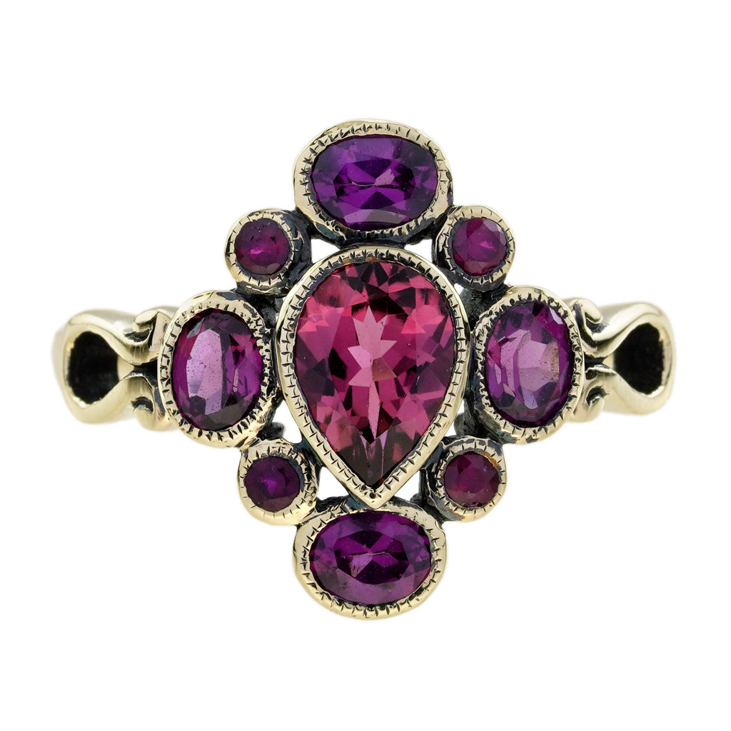 Vintage Style Pear Shape Pink Tourmaline & Ruby Rhodolite Cluster 9K Gold Ring