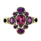 Vintage Style Pear Shape Pink Tourmaline & Ruby Rhodolite Cluster 9K Gold Ring