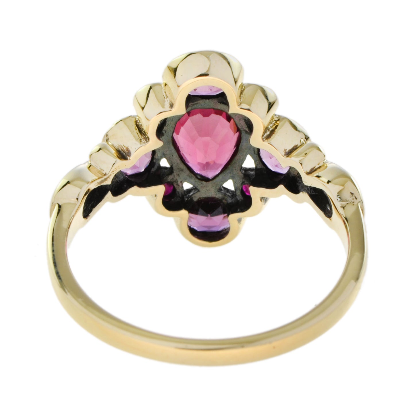 vintage style pear shape pink tourmaline & ruby rhodolite cluster 9k gold ring
