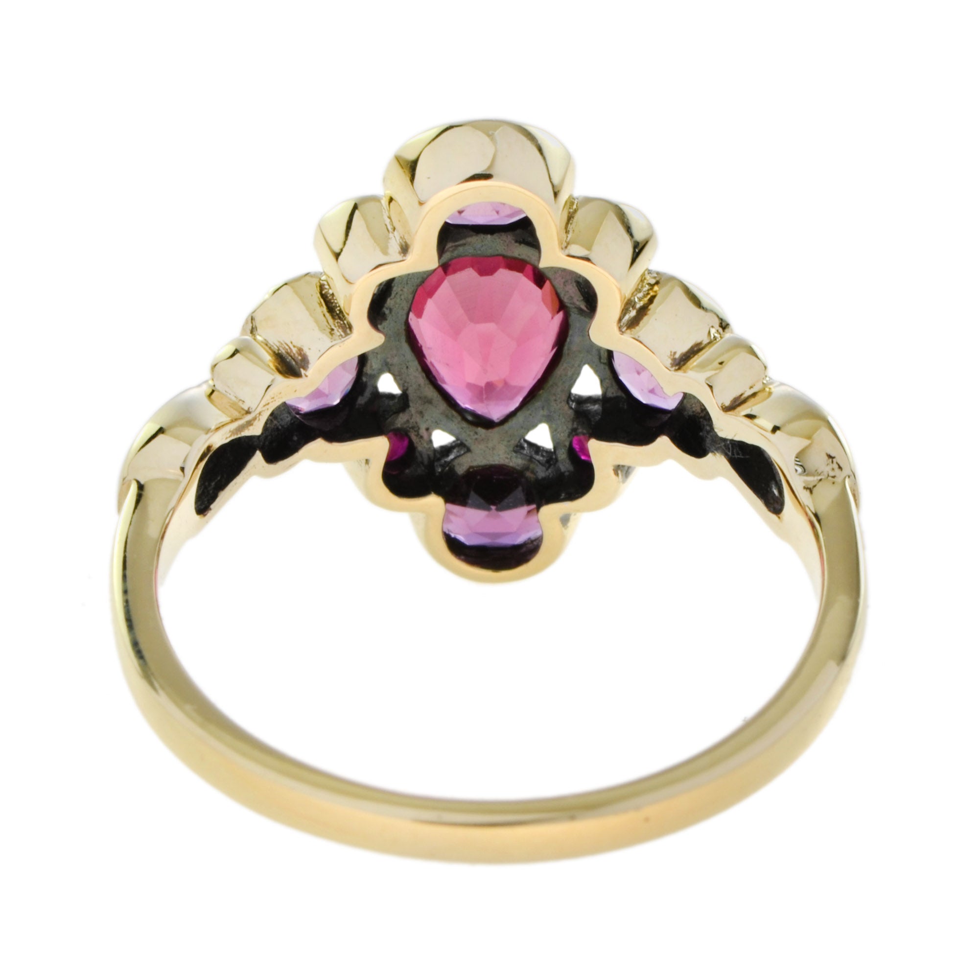 Vintage Style Pear Shape Pink Tourmaline &amp; Ruby Rhodolite Cluster 9K Gold Ring