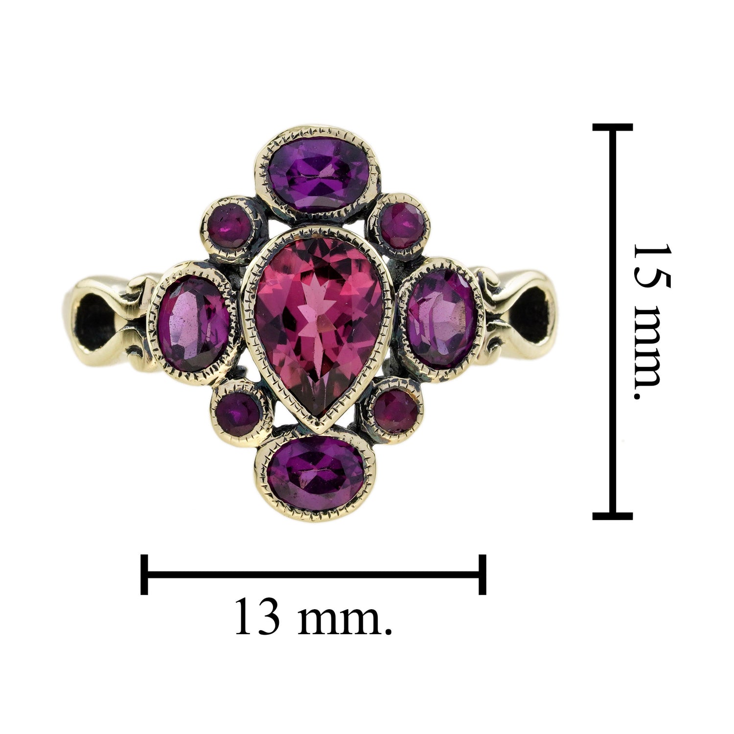 Vintage Style Pear Shape Pink Tourmaline &amp; Ruby Rhodolite Cluster 9K Gold Ring