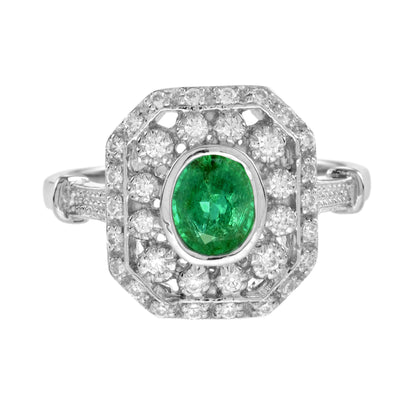 Oval Emerald &amp; Diamond Art Deco Style Octagon Shape Halo Set 14K White Gold Ring