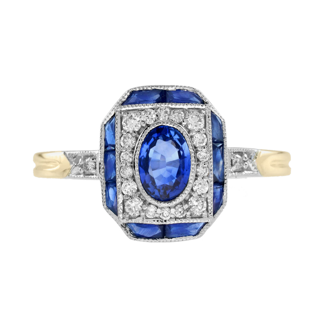 Oval Shape Blue Sapphire & Diamond Art Deco Style 14K Two Tone Gold Ring