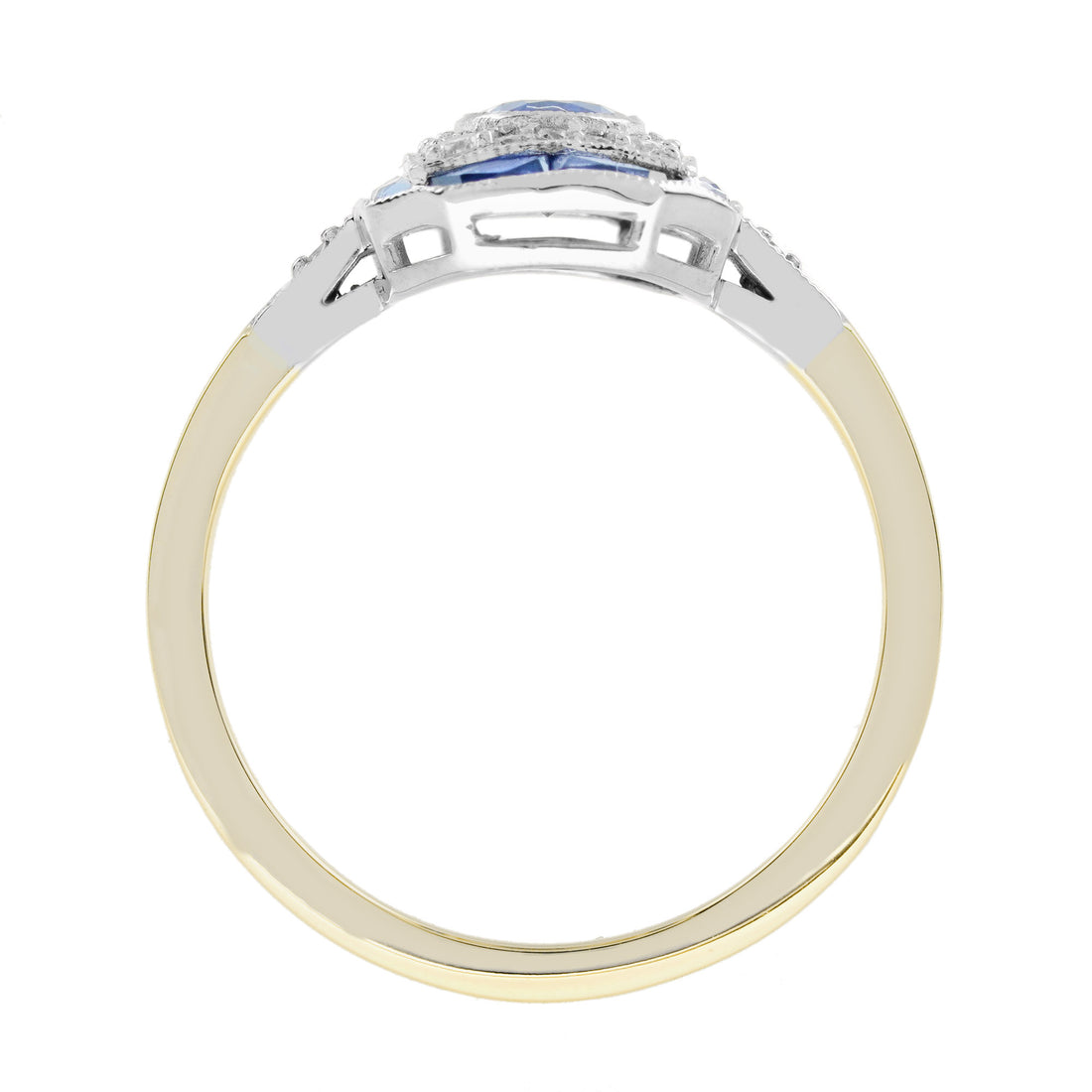 Oval Shape Blue Sapphire &amp; Diamond Art Deco Style 14K Two Tone Gold Ring