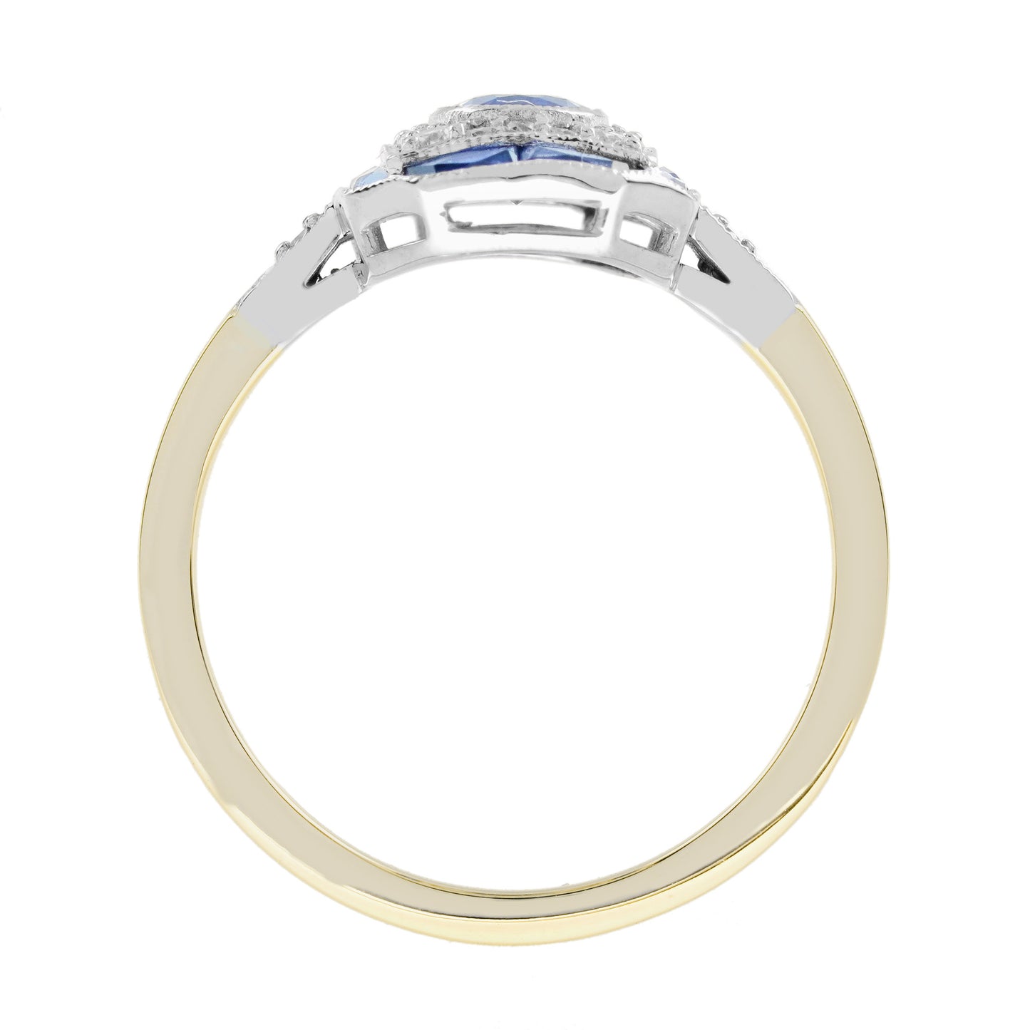 oval shape blue sapphire & diamond art deco style 14k two tone gold ring