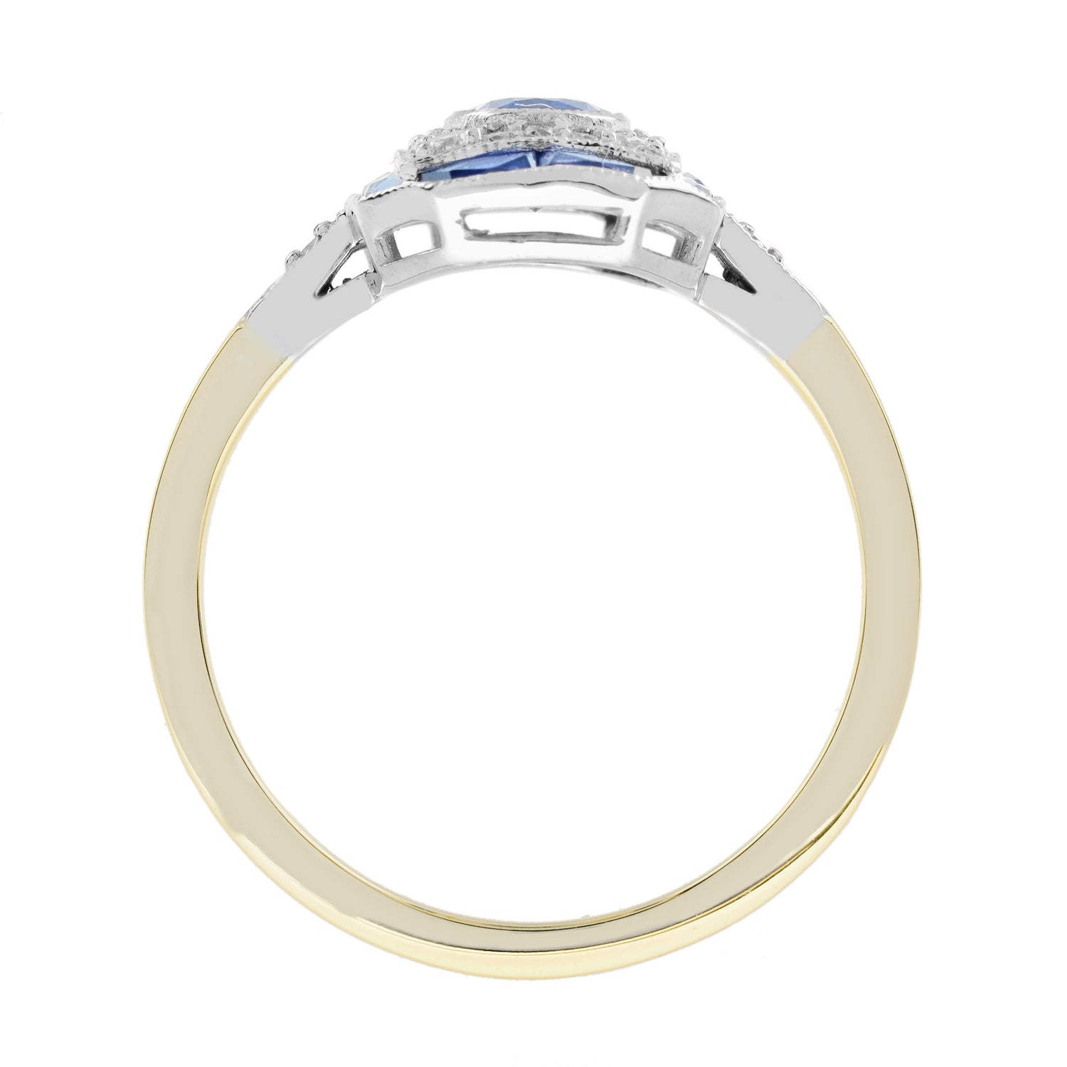 Oval Shape Blue Sapphire &amp; Diamond Art Deco Style 14K Two Tone Gold Ring