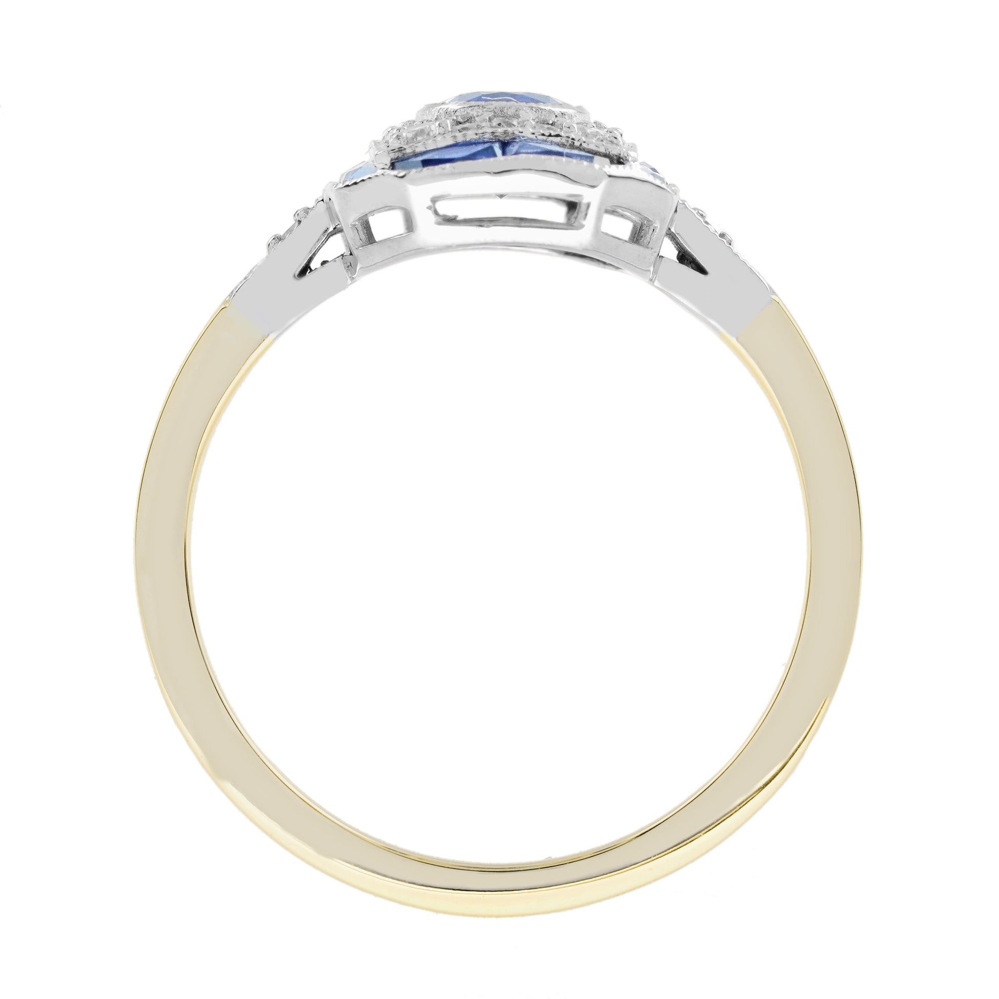 Oval Shape Blue Sapphire & Diamond Art Deco Style 14K Two Tone Gold Ring