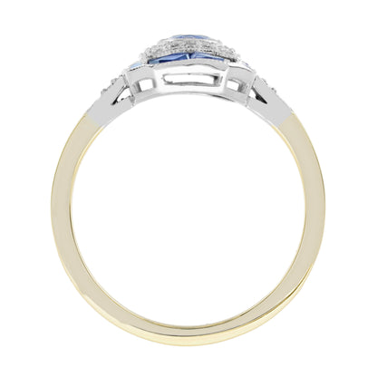Oval Shape Blue Sapphire & Diamond Art Deco Style 14K Two Tone Gold Ring
