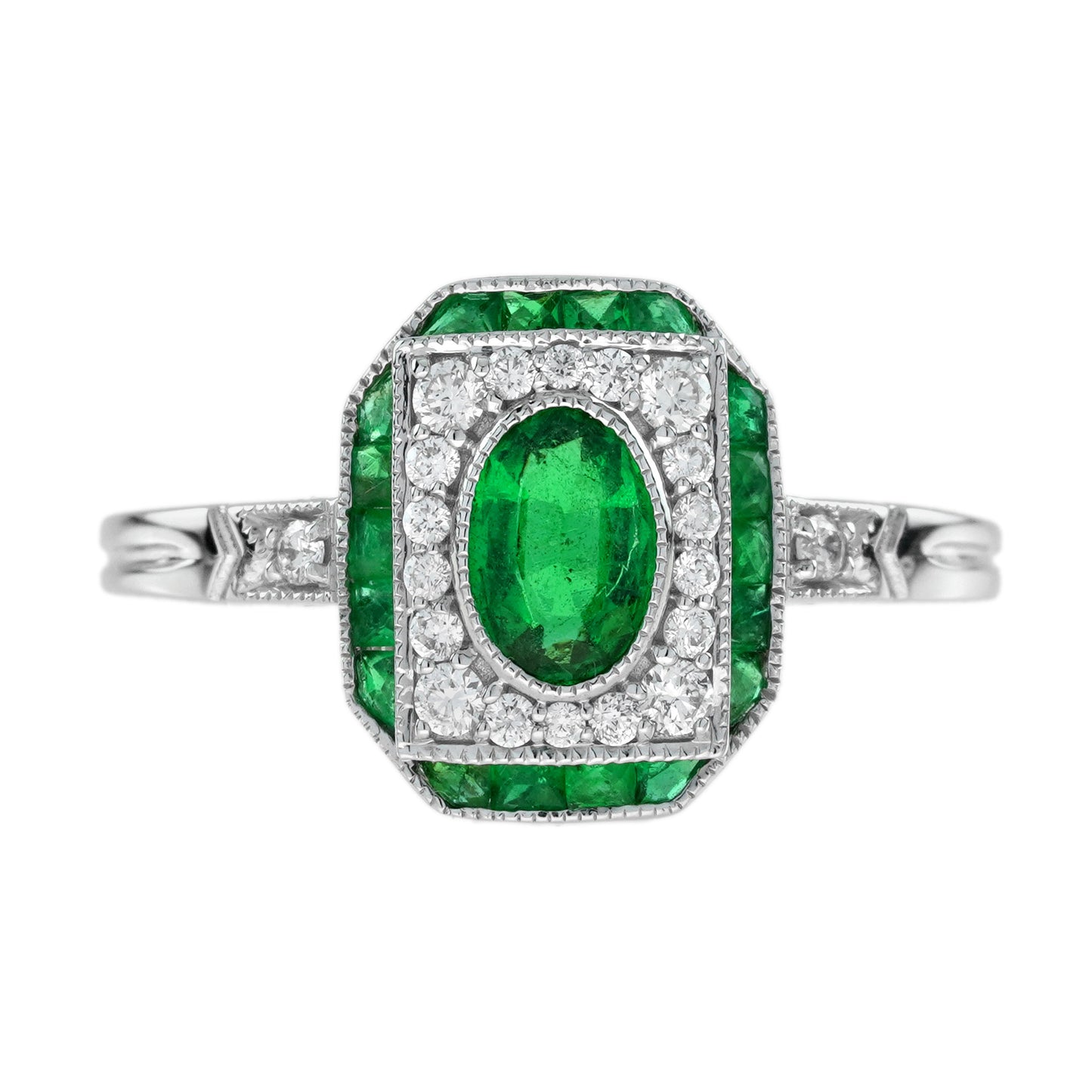 oval shape green emerald diamond vintage inspire art deco style white gold ring